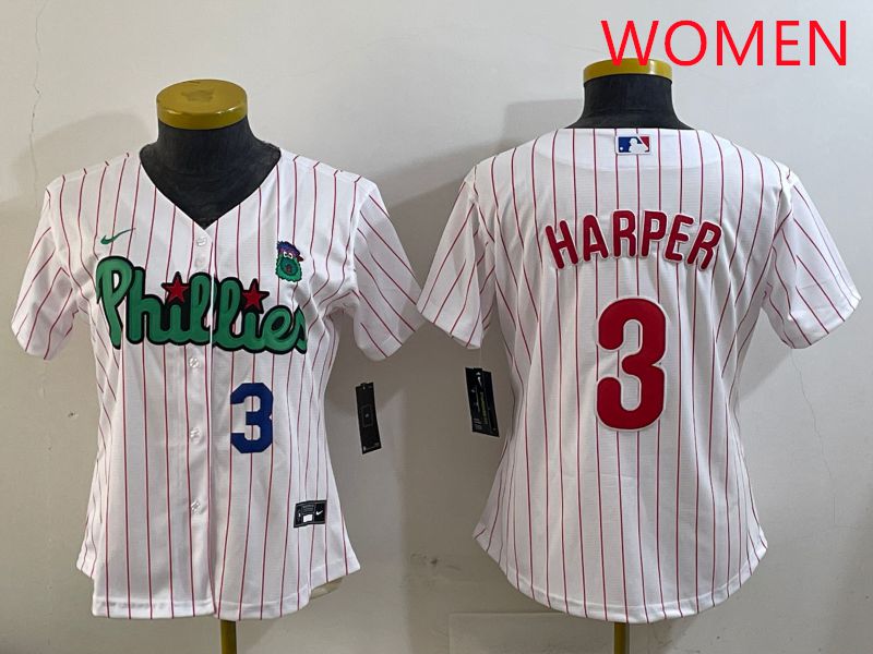 Women Philadelphia Phillies 3 Harper White Stripe Second generation joint name 2025 Nike MLB Jersey style 2
